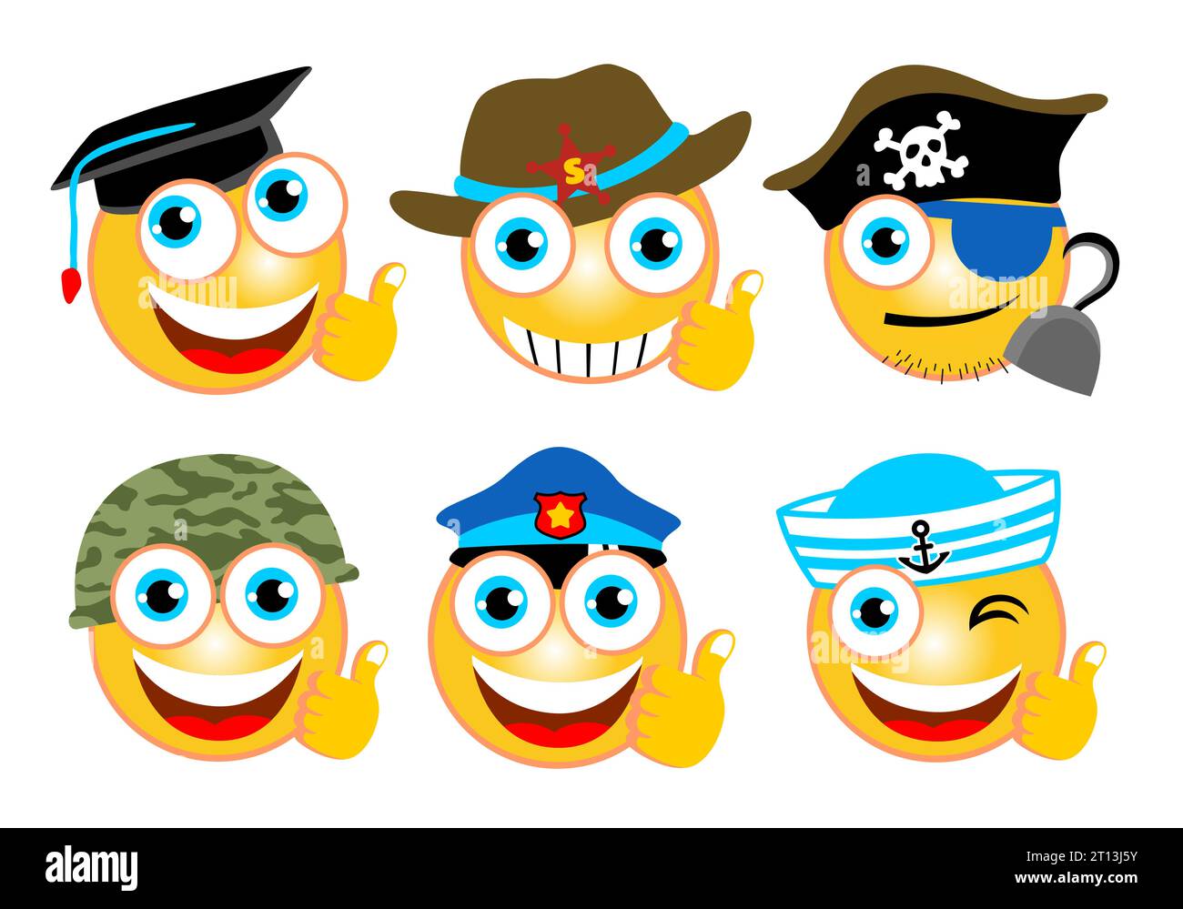 Illustrazione vettoriale di divertenti emoticon con cappello o berretto diversi Illustrazione Vettoriale