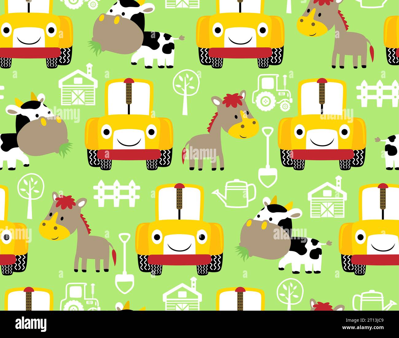 Cartoni animati con pattern vettoriale di animali da fattoria con trattore sorridente e illustrazione di elementi da cortile Illustrazione Vettoriale
