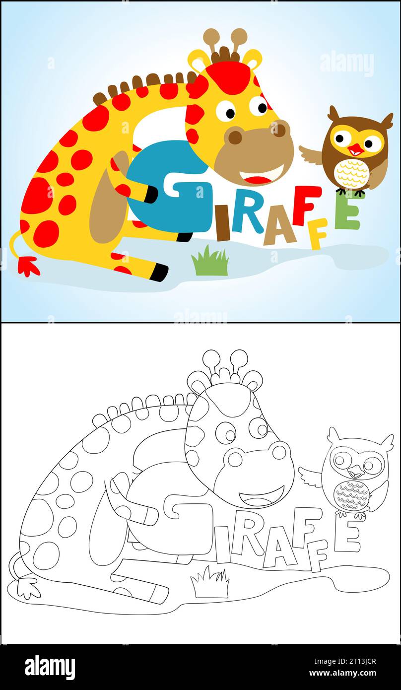 Libro da colorare o pagina di divertente cartoni animati di giraffa e grazioso gufo con lettere Illustrazione Vettoriale
