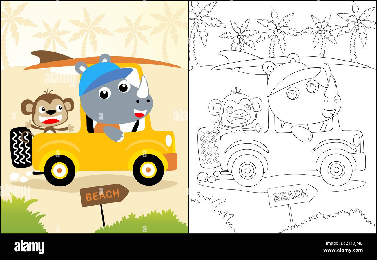 Libro o pagina da colorare, simpatico rinoceronte e scimmia in auto che trasportano la tavola da surf in spiaggia Illustrazione Vettoriale