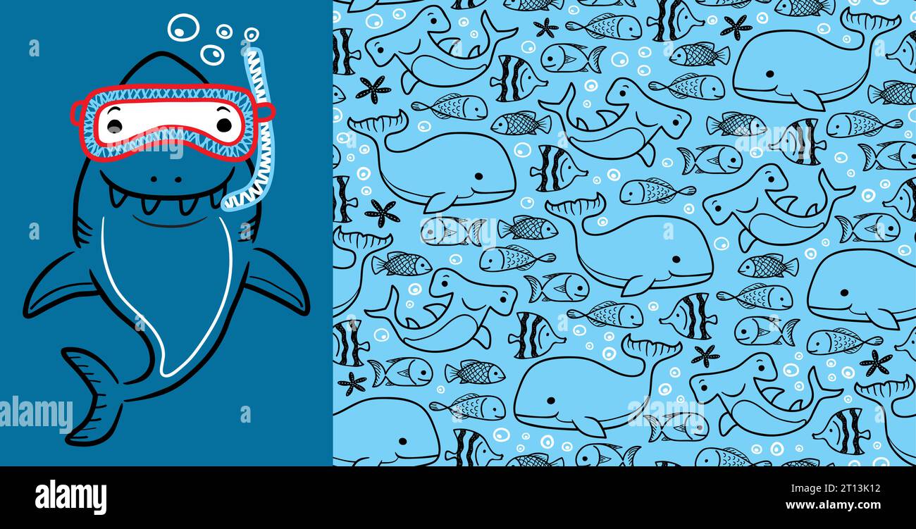 Cartoni animati vettoriali senza cuciture di animali marini con divertente squalo che indossa occhiali da immersione Illustrazione Vettoriale