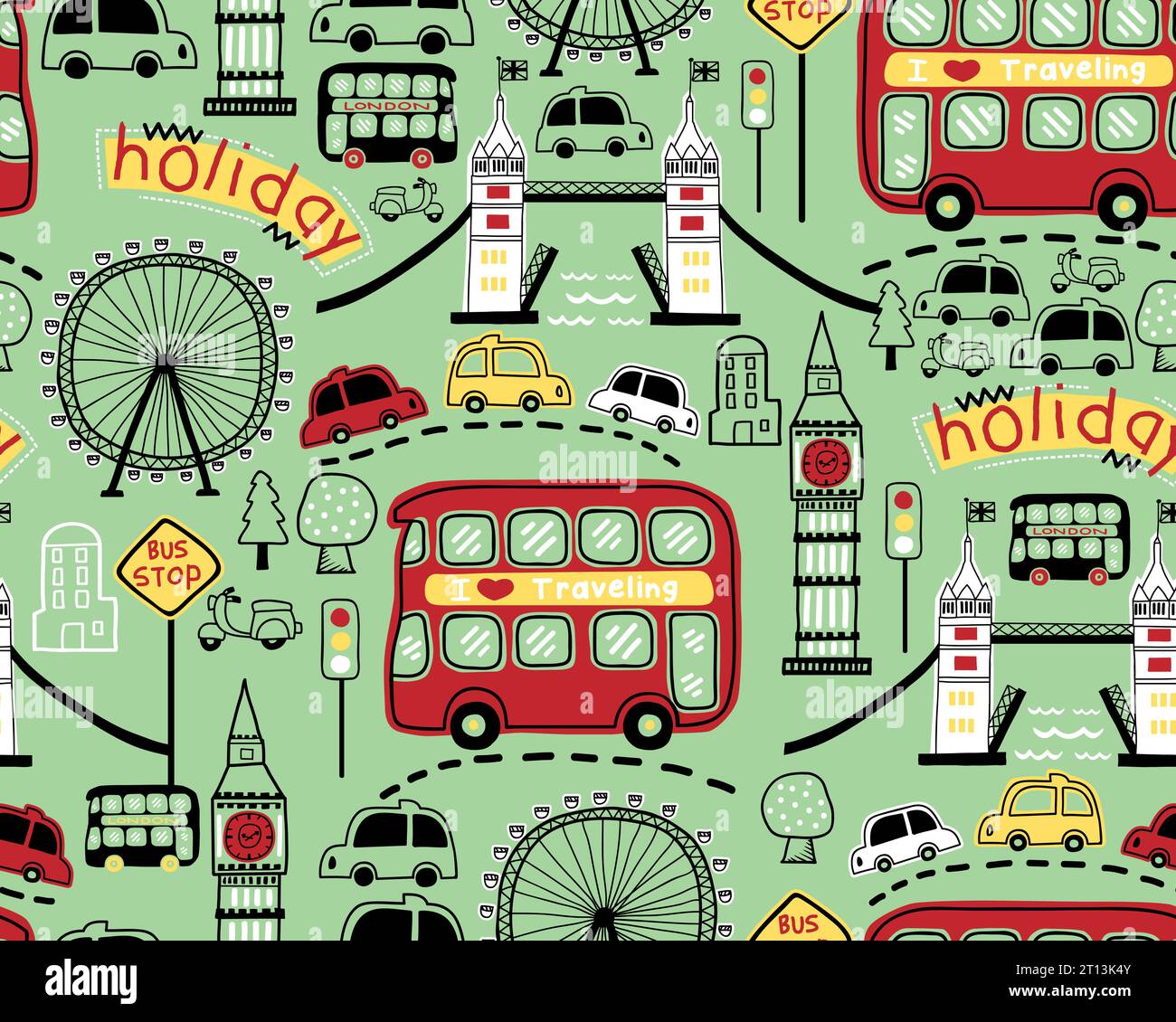 Vettoriale di motivi senza cuciture con cartoni animati degli elementi della città di Londra Illustrazione Vettoriale