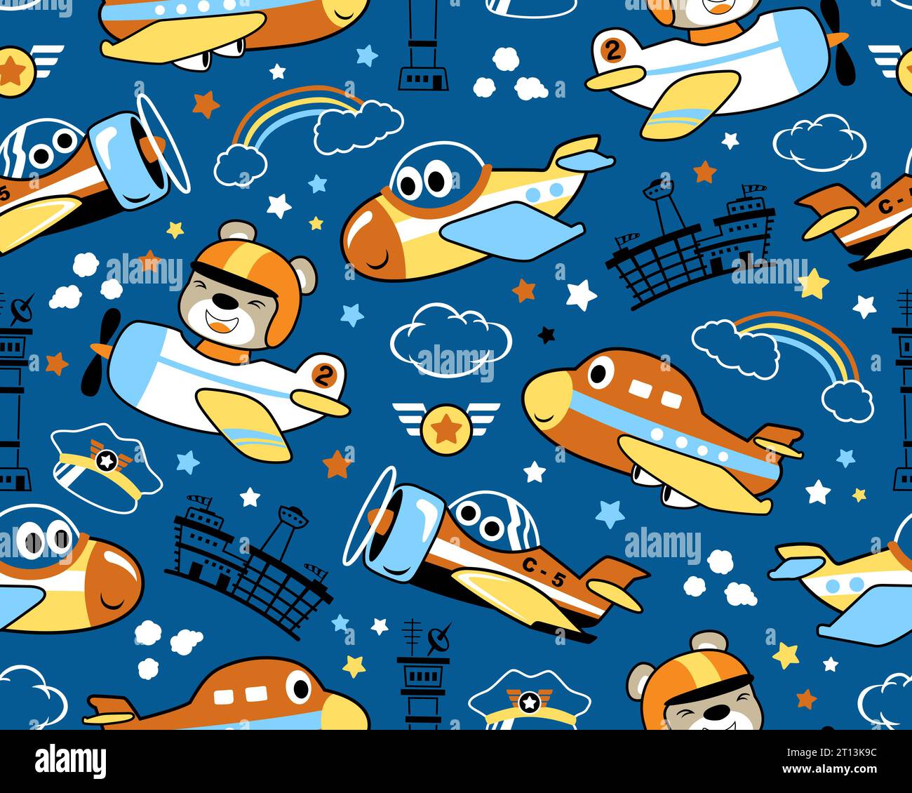 Cartone animato con pattern vettoriale di aerei senza cuciture e divertente pilota. Cartoni animati di elementi aeronautici Illustrazione Vettoriale