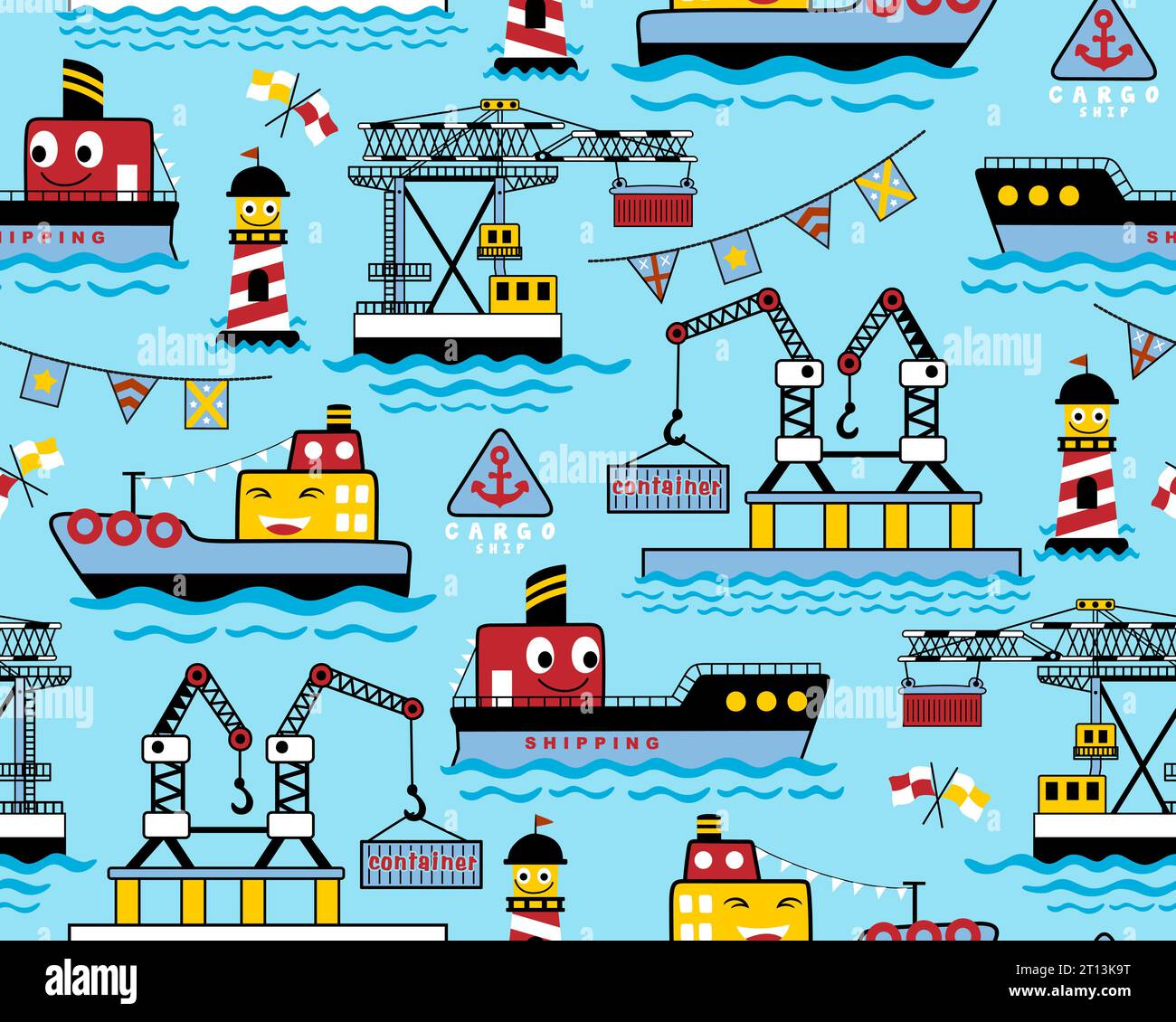 Pattern vettoriale di divertenti cartoni animati di navi nel porto affollato. Cartoni animati elementi porta Illustrazione Vettoriale