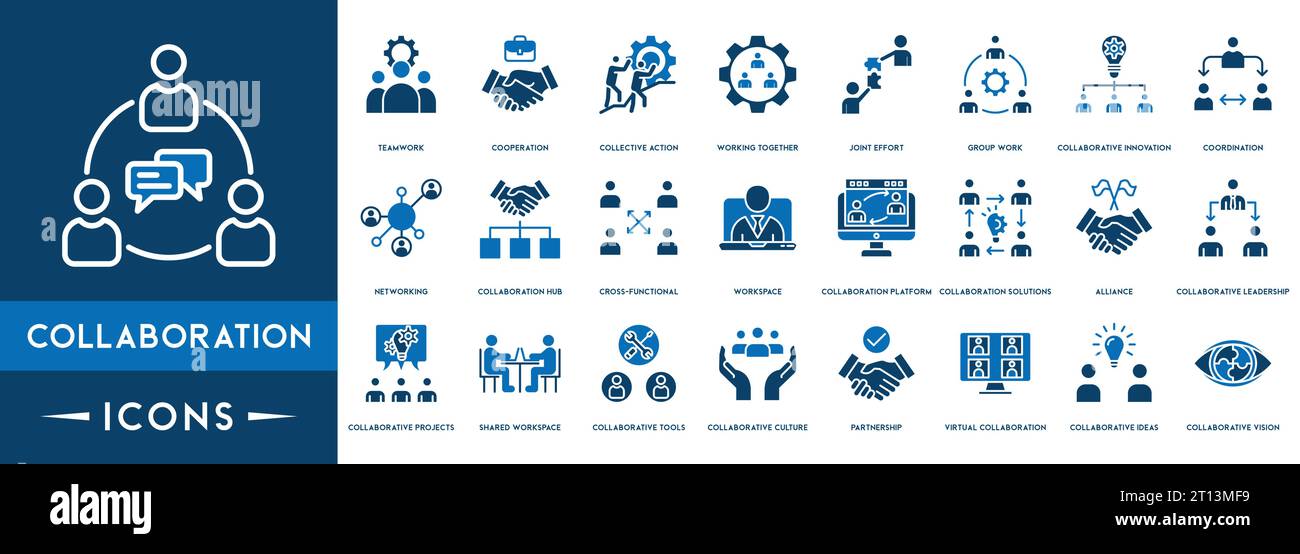 Set di icone di collaborazione. Team aziendale, collaborazione, lavoro di squadra, gestione del team, discussione, interazione e soluzione. Illustrazione Vettoriale