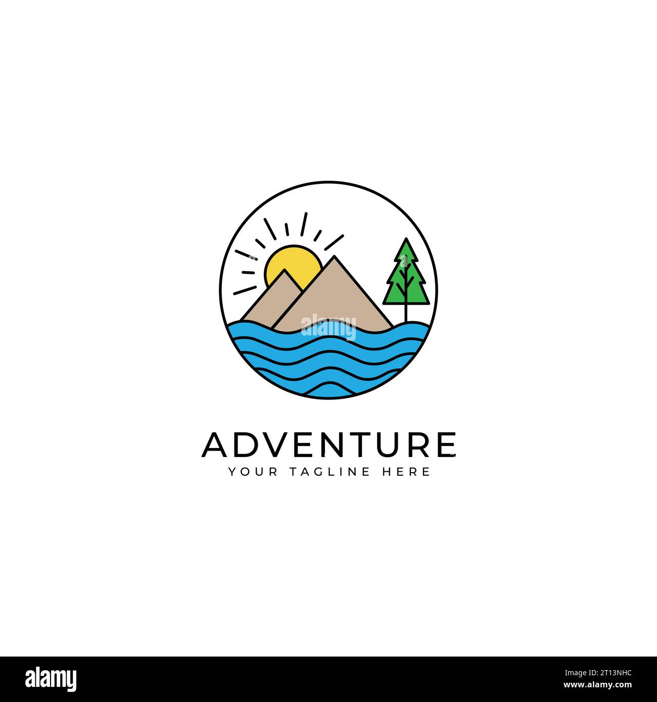 Logo del paesaggio montano ART a linea rotonda. logo aziendale per viaggi e turismo Illustrazione Vettoriale