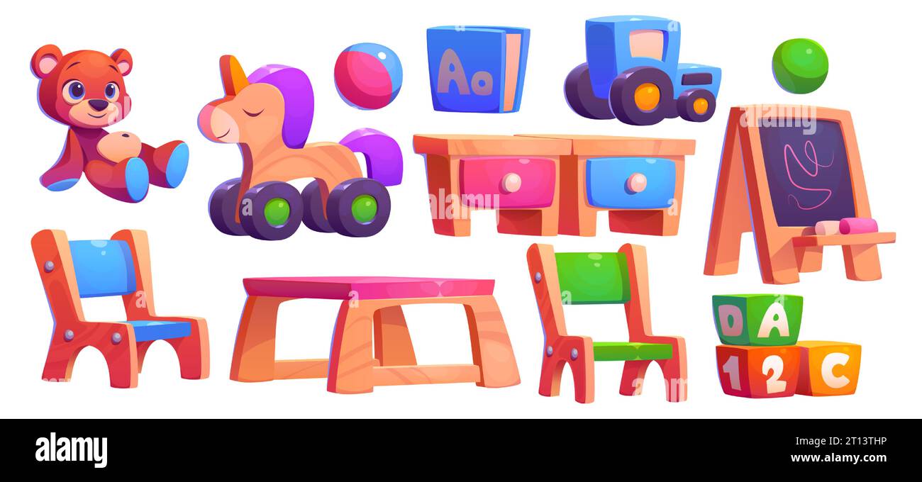 Arredamento interno dell'aula dell'asilo e attrezzature per l'educazione e il gioco dei bambini - tavolo e sedie, lavagna e giocattoli. Set di illustrazioni vettoriali dei cartoni animati di studio e gioco per bambini in età prescolare. Illustrazione Vettoriale