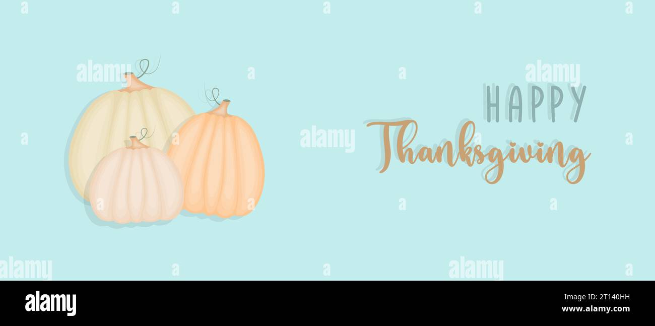 Striscione blu per il giorno del Ringraziamento con zucche e scritta Happy Thanksgiving. Illustrazione vettoriale Illustrazione Vettoriale