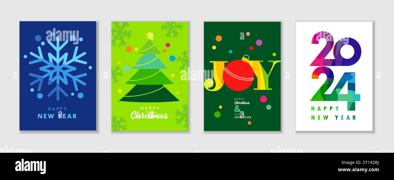Buon Natale e felice anno nuovo, 2024 biglietti di auguri colorati. Concetti di illustrazione vettoriale per sfondo con fiocco di neve creativo, albero di Natale Illustrazione Vettoriale