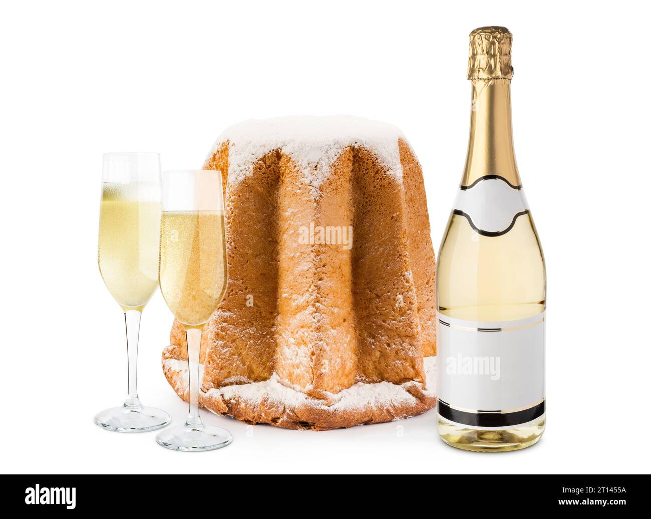 Bottiglia di champagne con bicchieri e pandoro. Dessert di Natale su sfondo bianco. Foto Stock