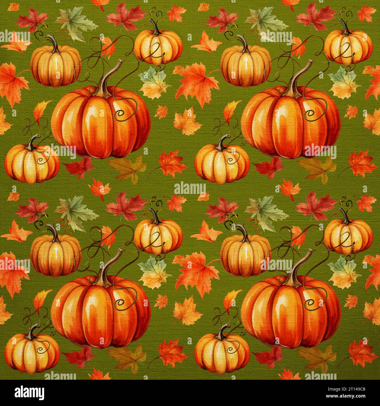 Modello autunnale di zucche e foglie ad acquerello su sfondo verde chiaro Foto Stock