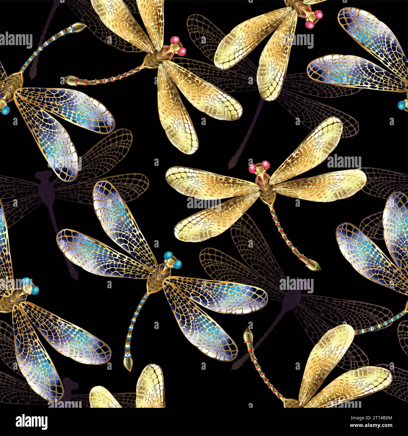 Motivo senza cuciture con oro, gioielli, libellule lucenti con ali dettagliate e scintillanti su sfondo nero. Libellula d'oro. Illustrazione Vettoriale