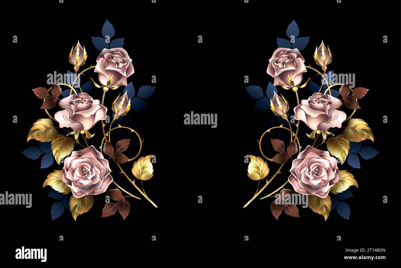 Elegante disposizione simmetrica con rose in oro rosa dipinte artisticamente, scintillanti e gioiellate, adornate da foglie blu su sfondo nero. Rosa Gol Illustrazione Vettoriale