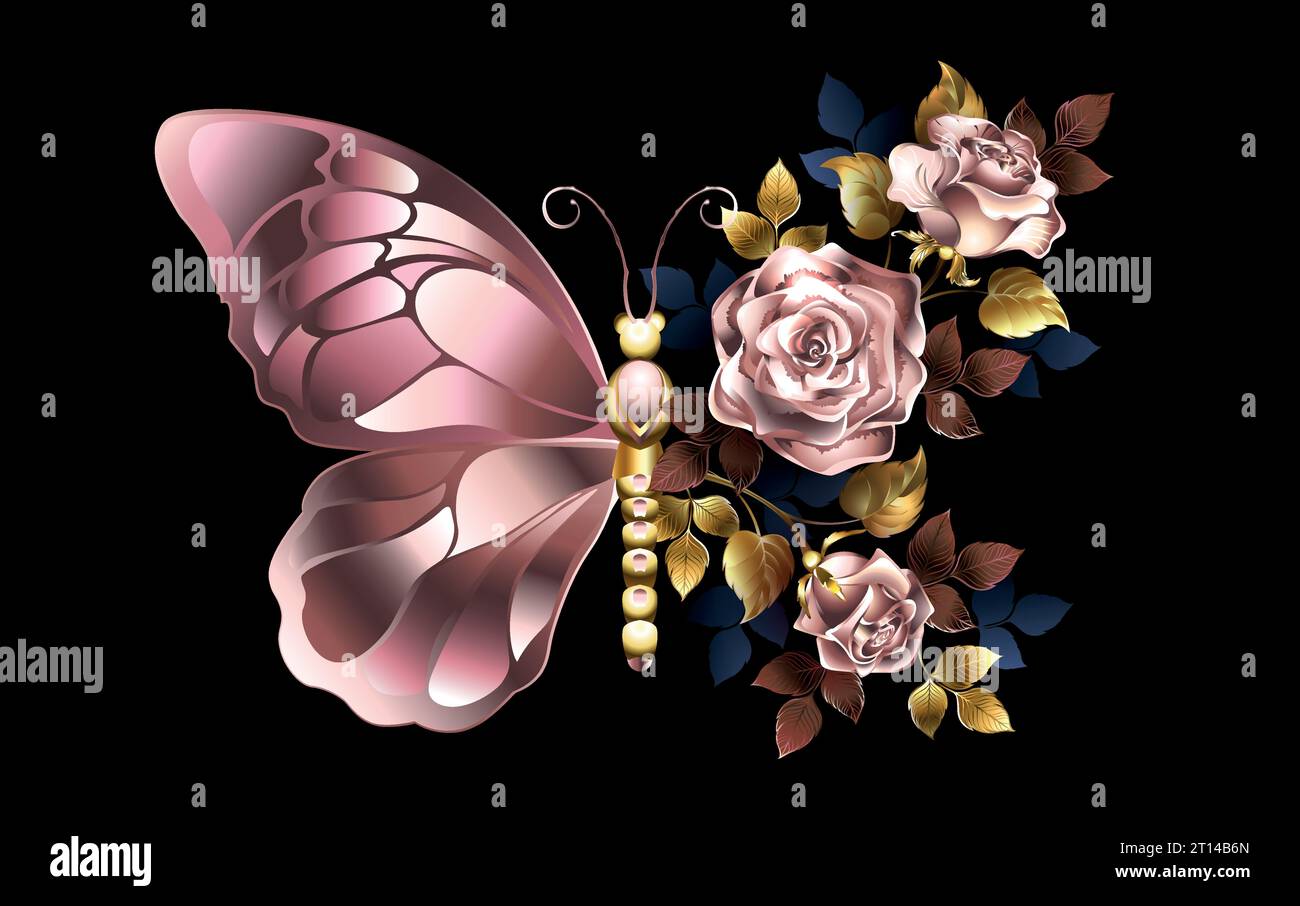 Farfalla di fiori con ala in oro rosa decorata con rose in oro rosa dipinte artisticamente, con foglie di foglio dorato su sfondo nero. Rosa oro rosa. Illustrazione Vettoriale