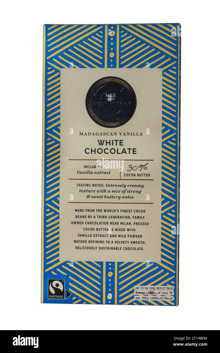 Cioccolato bianco alla vaniglia malgascio di M&S isolato su sfondo bianco Foto Stock