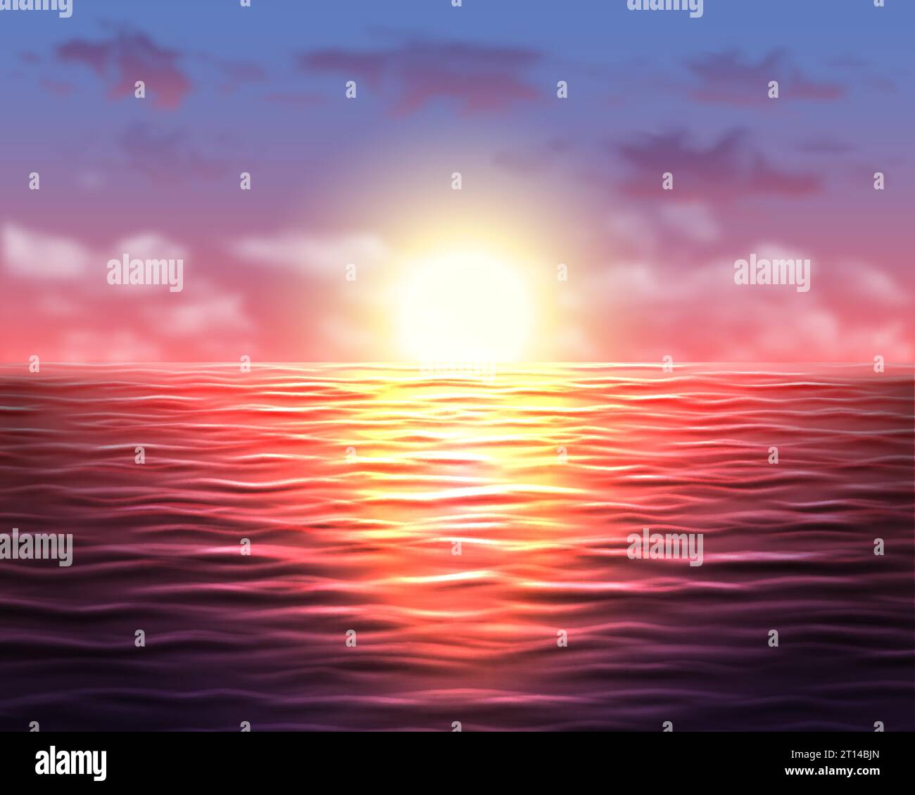 Splendido tramonto sul mare con onde e sole sul cielo sfondo vettoriale realistico, illustrazione del paesaggio naturale Illustrazione Vettoriale