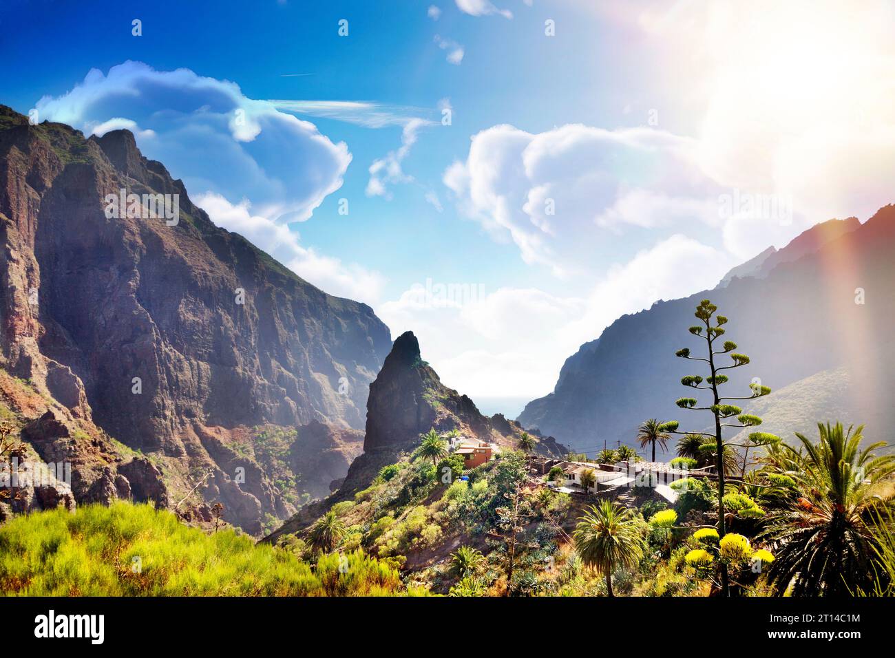 Masca Valley. Isole Canarie. Tenerife. Spagna. Paesaggio panoramico di montagne e vegetazione con tramonto a Tenerife. Foto Stock