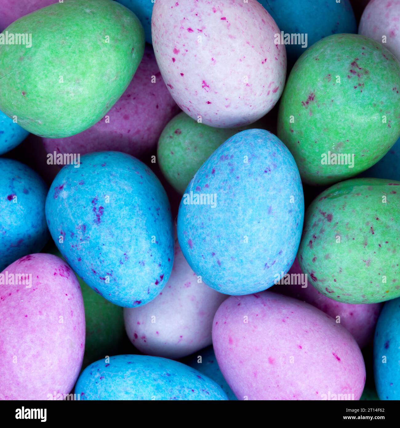 Vivaci e colorate mini uova di cioccolato al latte con conchiglie zuccherate color pastello, pronte per le celebrazioni pasquali. Foto Stock