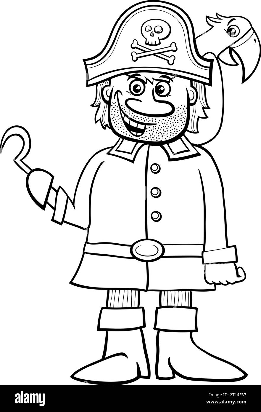 Cartoni animati da colorare con un simpatico personaggio pirata e una pagina da colorare con gancio e macaw Illustrazione Vettoriale