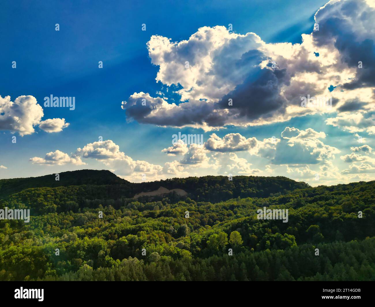 Una pittoresca valle di montagna circondata da lussureggianti alberi verdi e da un cielo blu brillante Foto Stock