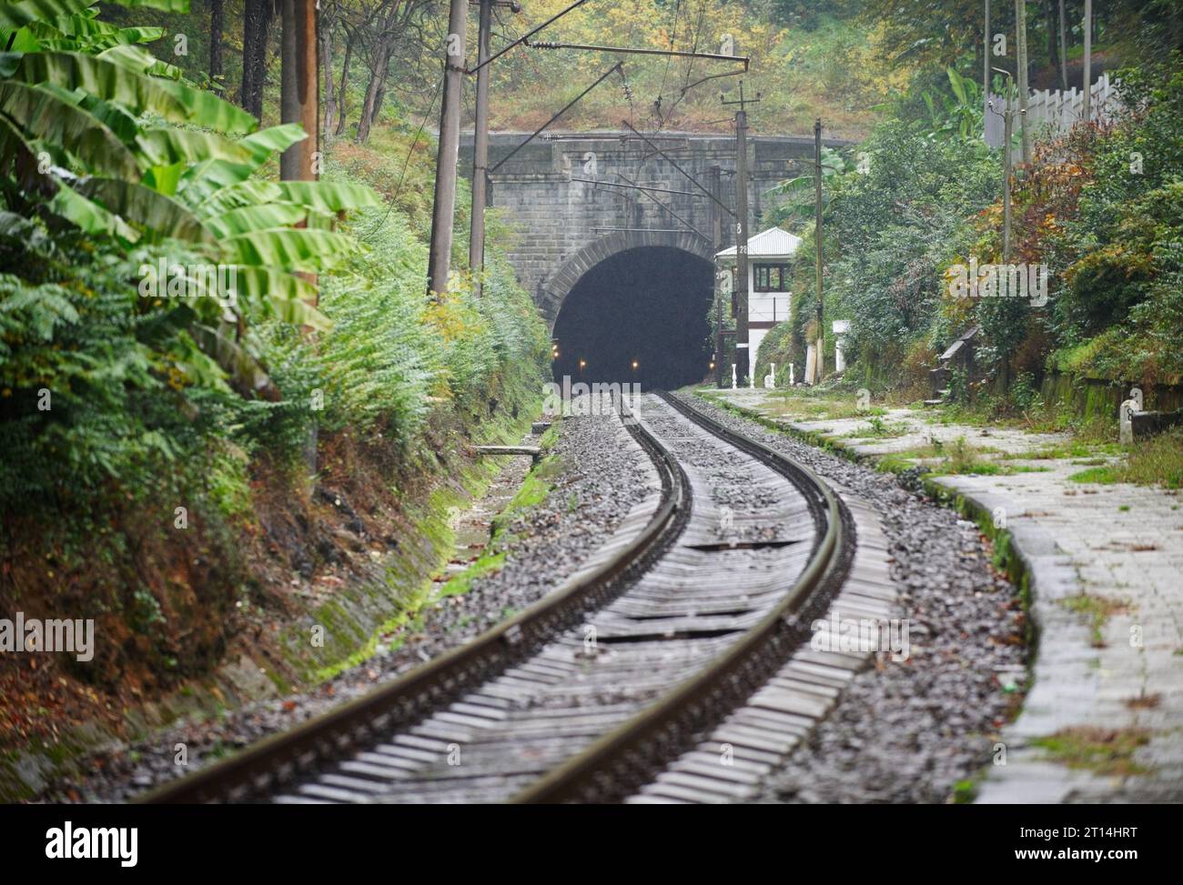 Vecchia ferrovia e tunnel in montagna in autunno. Foto Stock