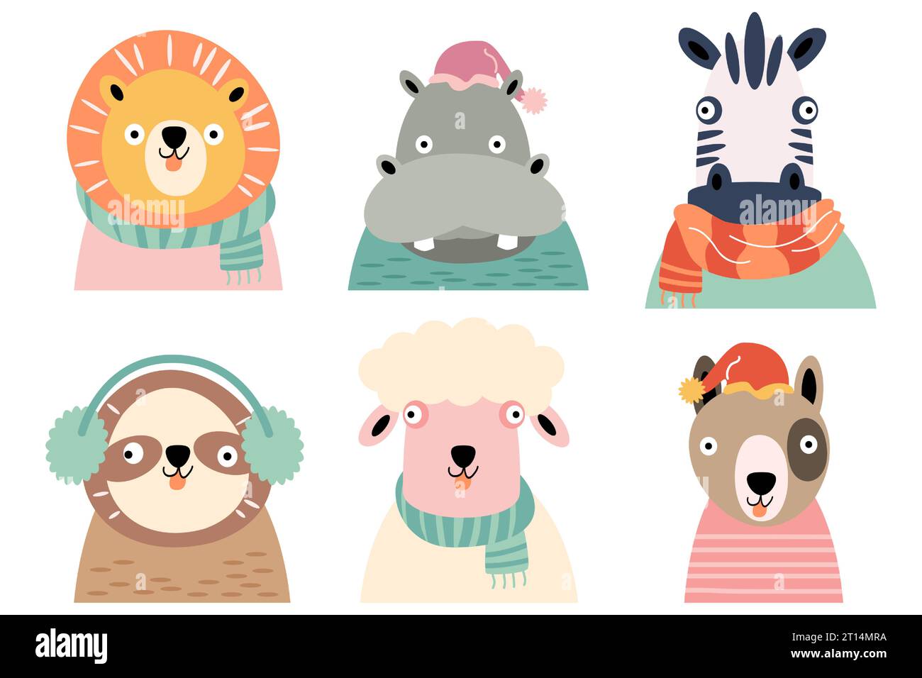 Animali selvatici con costume invernale . Design piatto . Sfondo isolato bianco . Set 1 di 4 . Vettore . Illustrazione Vettoriale