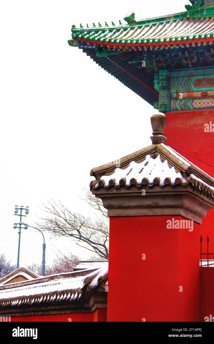 Esplora l'incantevole spettacolo di case tradizionali dalle tonalità diverse, annidate in un paese delle meraviglie invernali sotto un incontaminato paesaggio innevato cinese Foto Stock