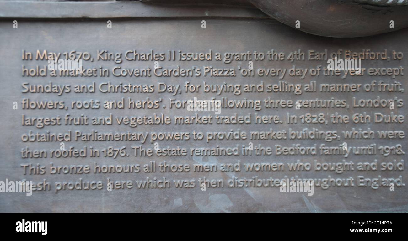 Storia e dedica di Covent Garden, targa, Covent Garden, Westminster, Londra, REGNO UNITO Foto Stock