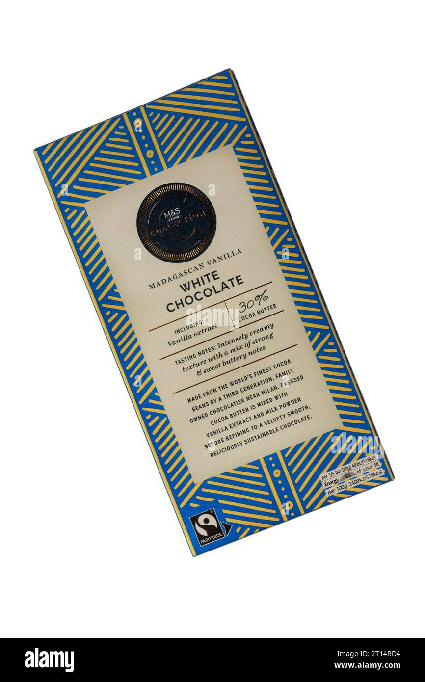 Cioccolato bianco alla vaniglia malgascio di M&S isolato su sfondo bianco Foto Stock