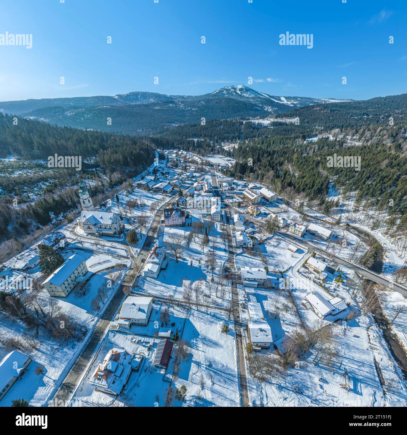 Vista aerea della foresta bavarese nei pressi di Bayerisch Eisenstein nella regione di Arber Foto Stock