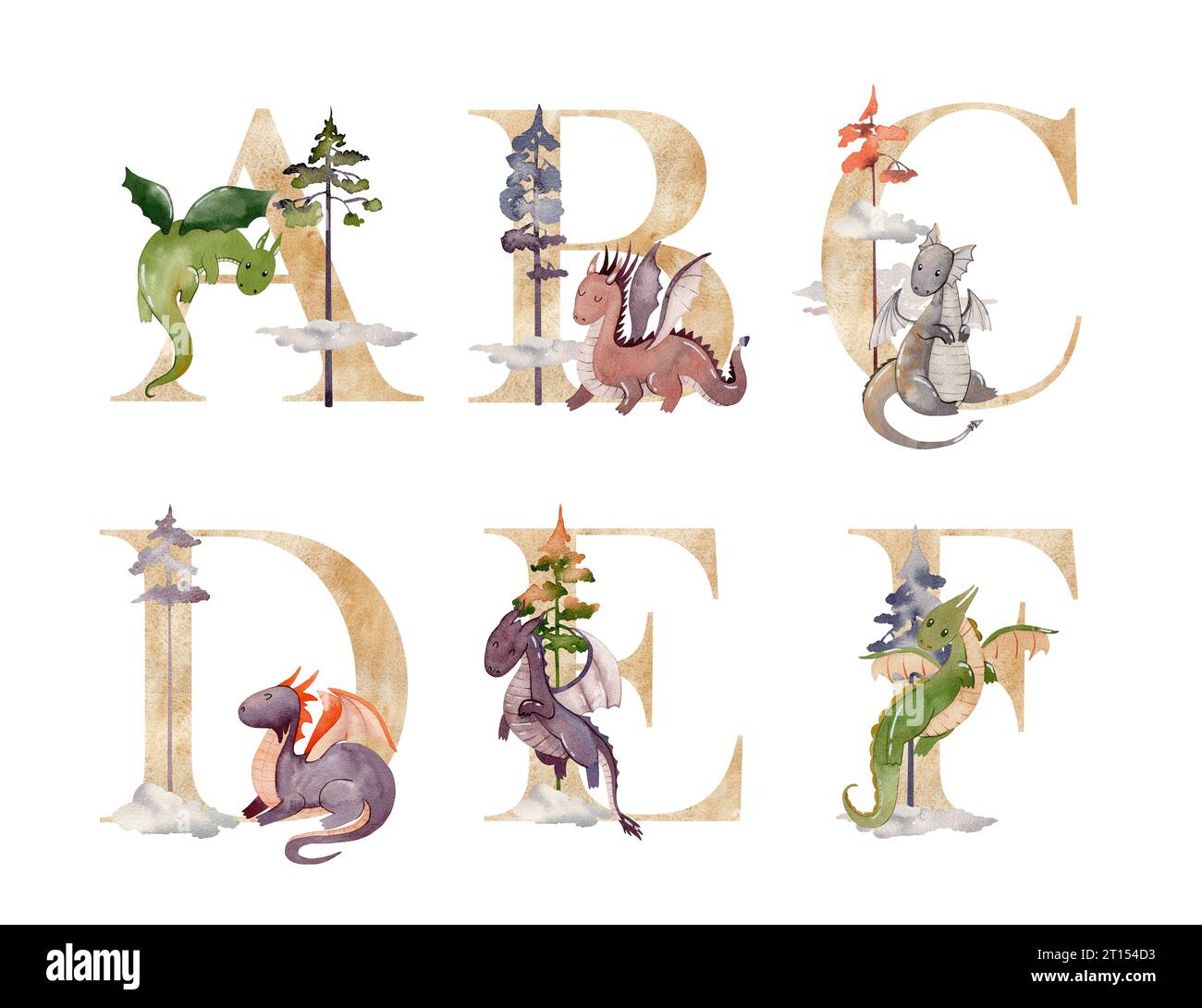 Lettere di draghi ad acquerello per biglietti d'invito, poster per bambini, doccia per bambini e altro ancora. Lettere dell'alfabeto animale. Foto Stock