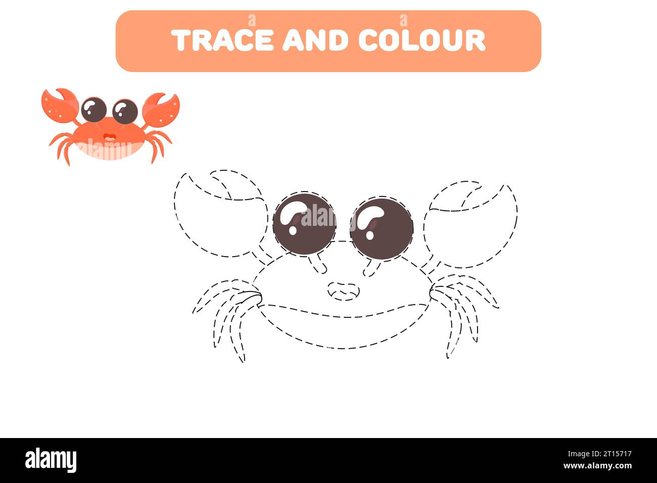 Gioco educativo per bambini "Connect the Dots" per scrivere a mano un libro da colorare con un simpatico granchio marino Illustrazione Vettoriale