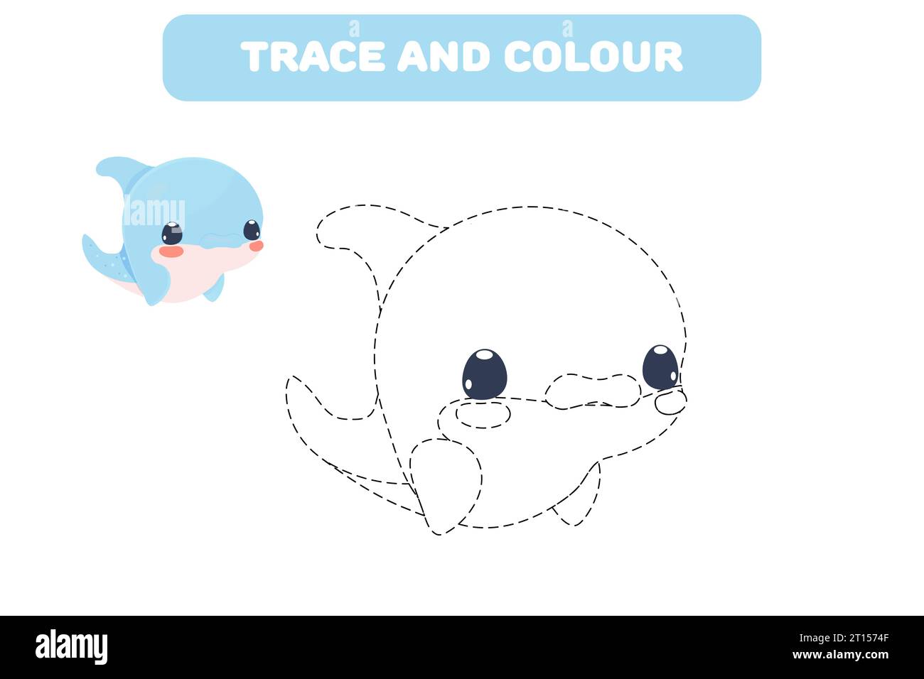 Gioco educativo per bambini "Connect the Dots" per scrivere a mano un libro da colorare con un simpatico delfino marino Illustrazione Vettoriale