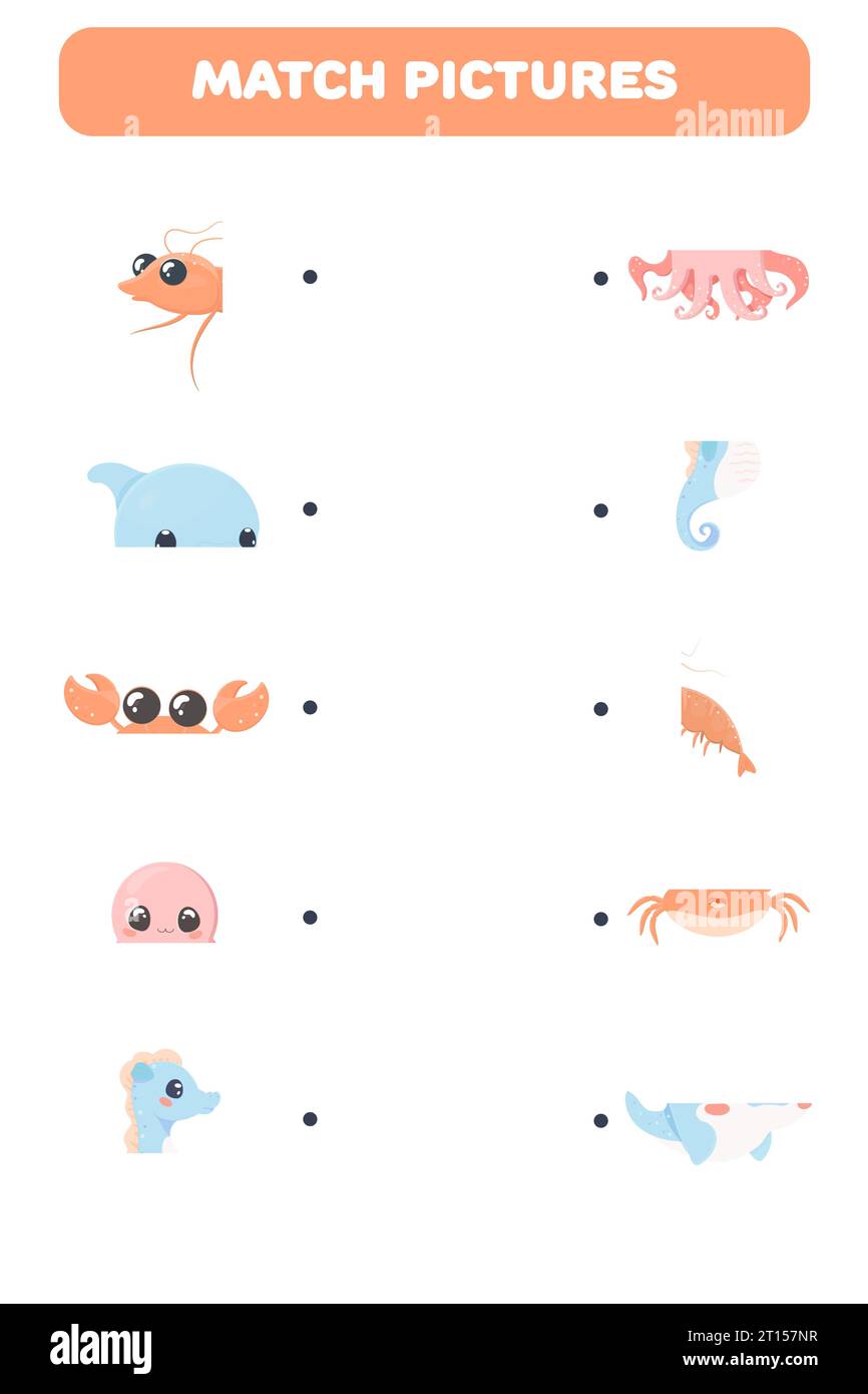 Illustrazione a cartoni animati dell'attività di apprendimento di abbinare metà foto a divertenti personaggi di animali marini Illustrazione Vettoriale