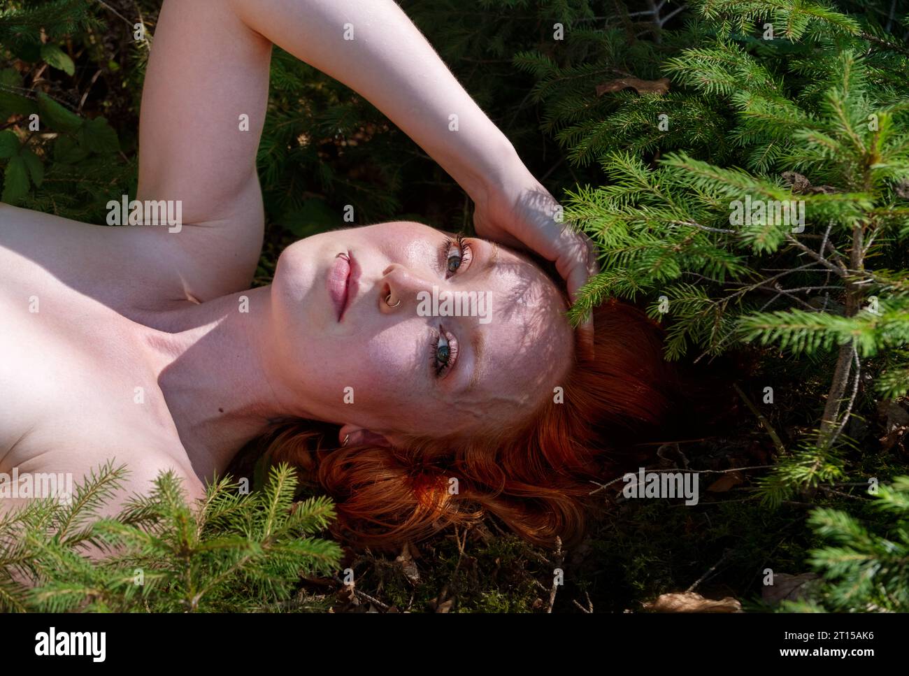 ritratto di una giovane donna rossa nuda, sdraiata su un terreno boschivo tra piccoli alberi di abete i cui rami gettano bizzarre ombre sul suo bel viso Foto Stock