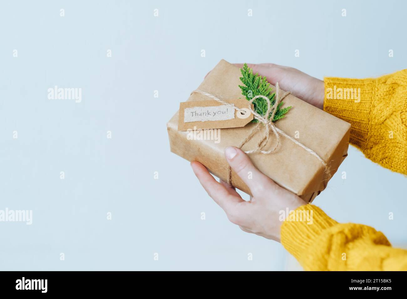 Mani femminili in maglione giallo con confezione regalo ecologica con etichetta con le parole "grazie". Concetto di vita sostenibile ed eco-consapevole. Foto Stock