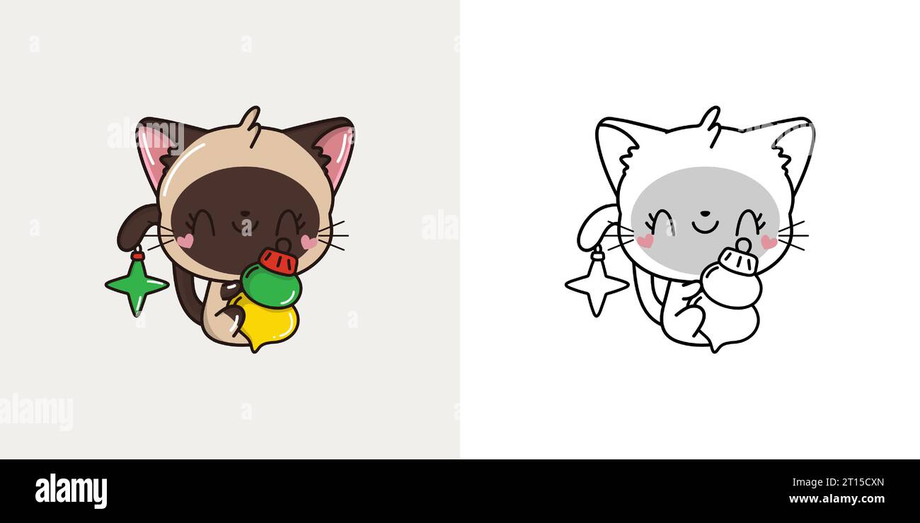 Kawaii Vector Christmas Siamese Cat Illustration and for Coloring Page. Divertente mammifero di Natale di Kawaii. Illustrazione Vettoriale