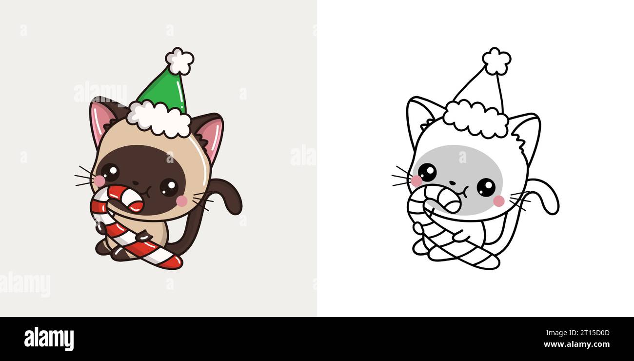 Graziosa Clipart siamese di Natale Vector per colorare pagina e illustrazione. Happy Art Christmas PET. Illustrazione Vettoriale