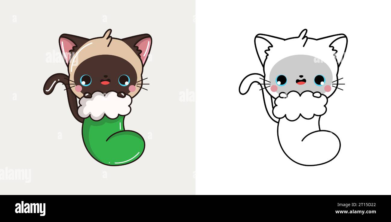 Clipart Christmas Siamese Cat multicolore e bianco e nero. Carino Clip Art Capodanno Cat. Illustrazione Vettoriale