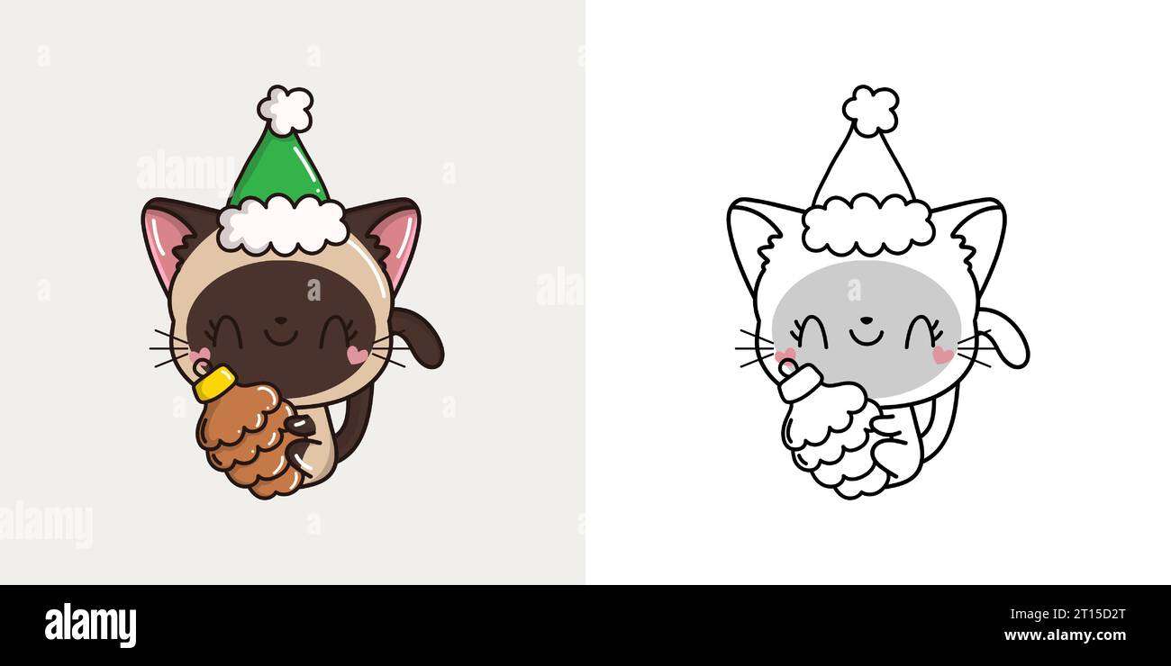 Clipart Christmas Siamese Cat multicolore e bianco e nero. Carino Clip Art Capodanno Cat. Illustrazione Vettoriale