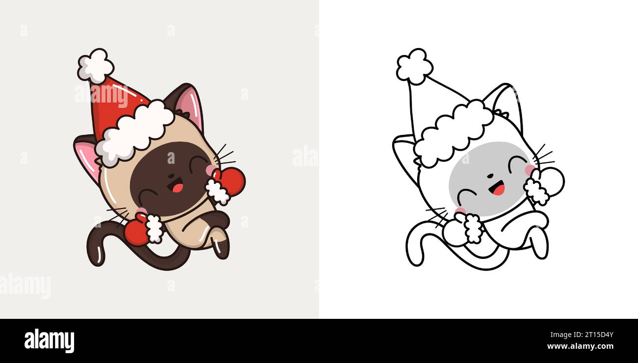 Capodanno Kawaii Siamese Cat per colorare pagina e illustrazione. Adorabile Clip Art Christmas Cat. Illustrazione Vettoriale