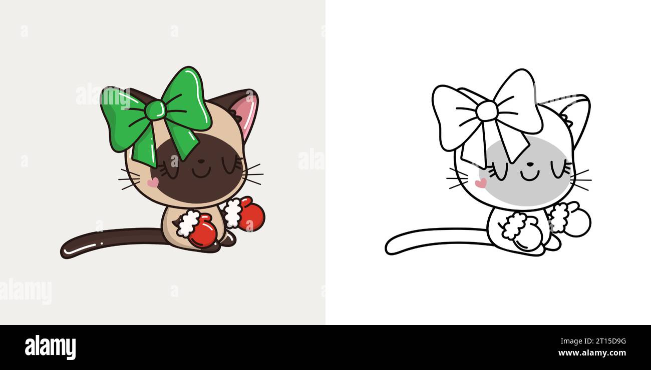 Kawaii Vector Christmas Siamese Cat Illustration and for Coloring Page. Divertente mammifero di Natale di Kawaii. Illustrazione Vettoriale