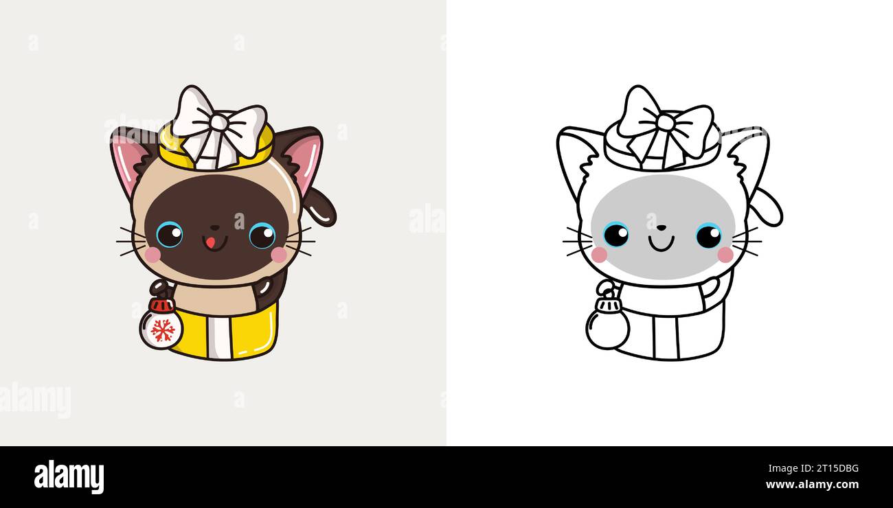 Kawaii Capodanno Siamese Cat Clipart multicolore e bianco e nero. Carino Kawaii Christmas Kitten. Illustrazione Vettoriale