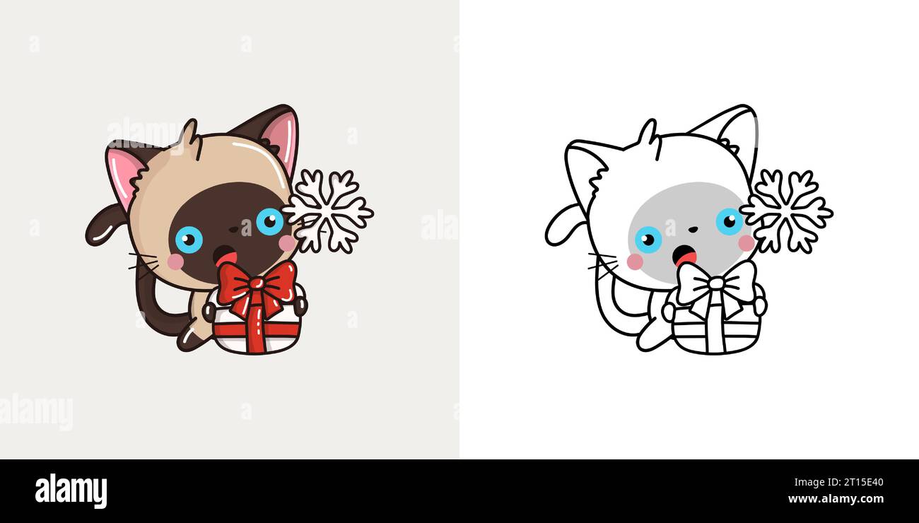 Graziosa Clipart siamese di Natale Vector per colorare pagina e illustrazione. Happy Art Christmas PET. Illustrazione Vettoriale