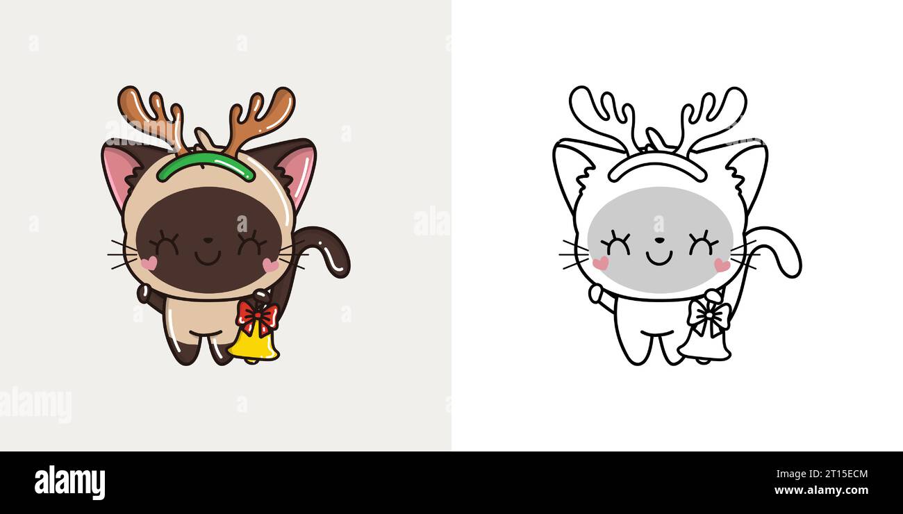 Simpatica illustrazione del gatto siamese di Natale e per colorare pagina. Cartoni animati adesivi Capodanno Kitten. Illustrazione Vettoriale