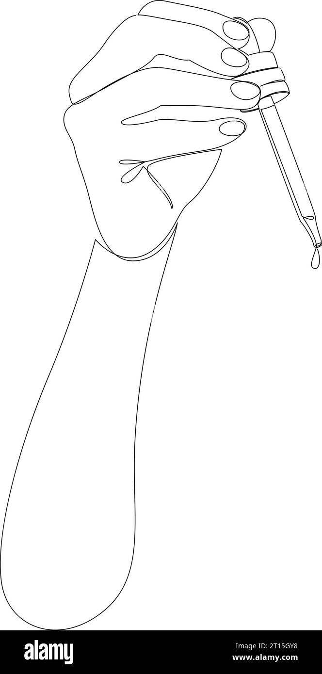 Disegno continuo a una linea della pipetta in vetro con supporto manuale. Cosmetici, oli o gocce mediche. Concetto di cura della pelle disegnato da una linea singola. Illustrati vettoriali Illustrazione Vettoriale