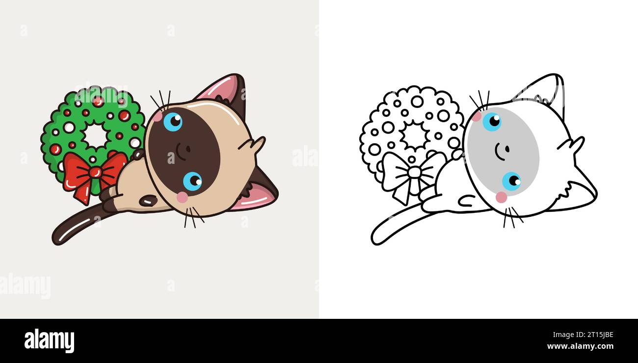Impostare Clipart Christmas Siamese Cat Coloring Page and Colored Illustration. Kawaii Xmas PET. Illustrazione Vettoriale