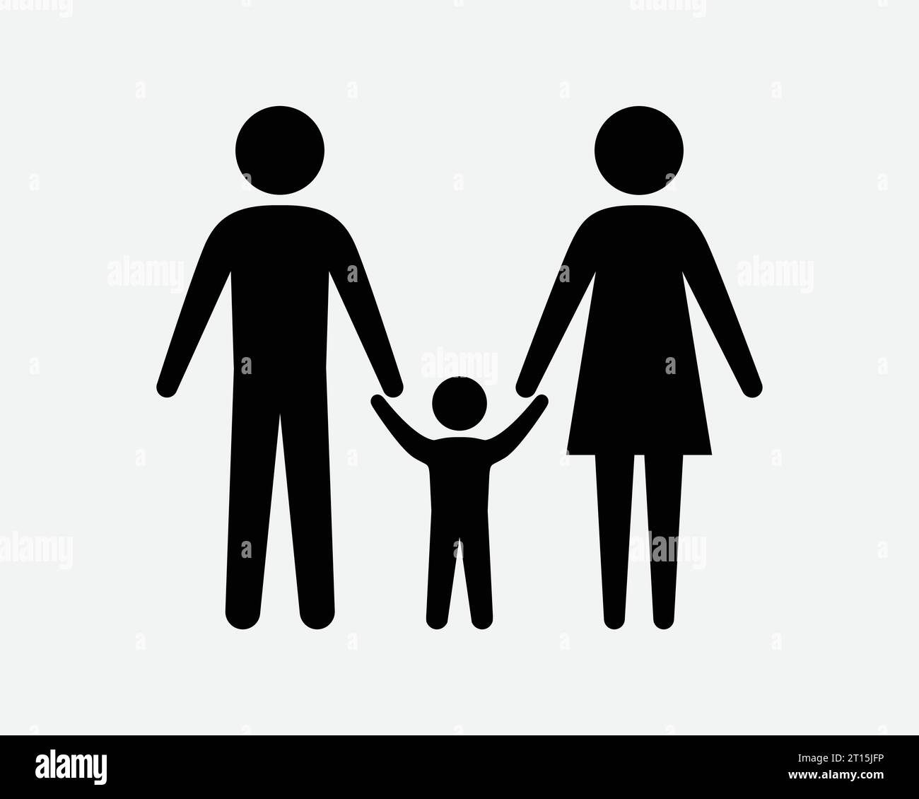 Icona della famiglia padre madre figlio bambino insieme amore amore amore amore Mamma Papà tenere le mani in mano Nero bianco forma linea contorno simbolo EPS Vector Illustrazione Vettoriale