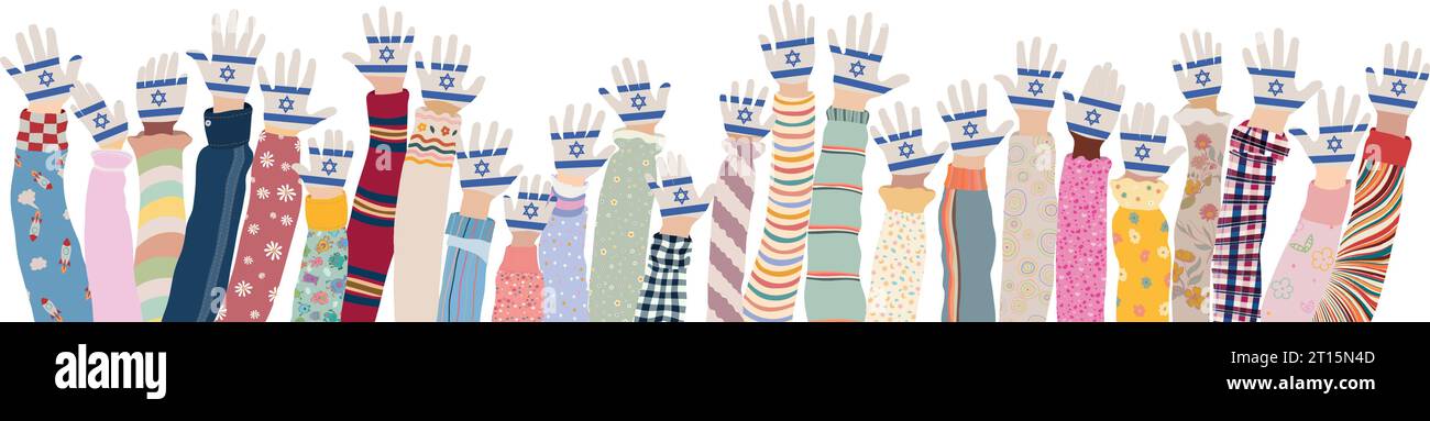 Mani alzate di bambini multiculturali che hanno le palme colorate con le bandiere di Israele. Concetto di solidarietà verso il popolo di Israele. Conflitto Illustrazione Vettoriale