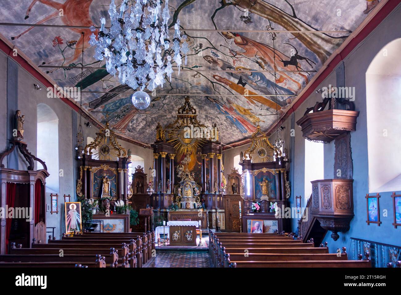 Affresco sul soffitto di Hilt nella chiesa Eglise Saint-Firmin / St Fermin a Rochehaut, provincia di Lussemburgo, Ardenne belghe, Vallonia, Belgio Foto Stock